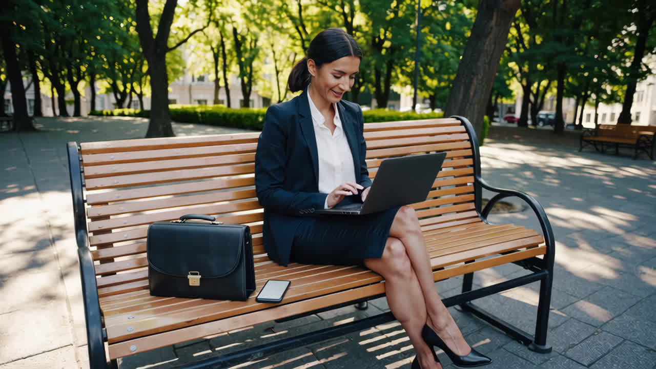 Businesswoman working on laptop outdoors on a park bench