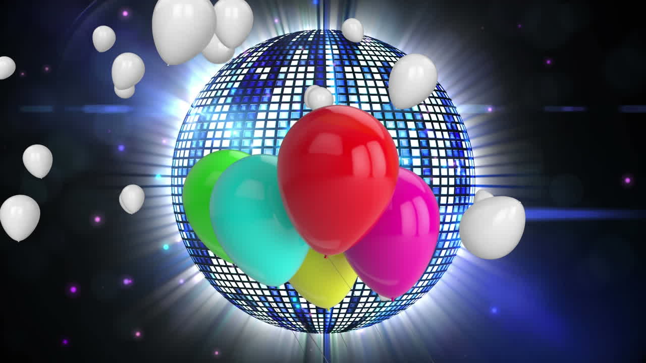 animación de globos flotando sobre una bola de espejo giratoria