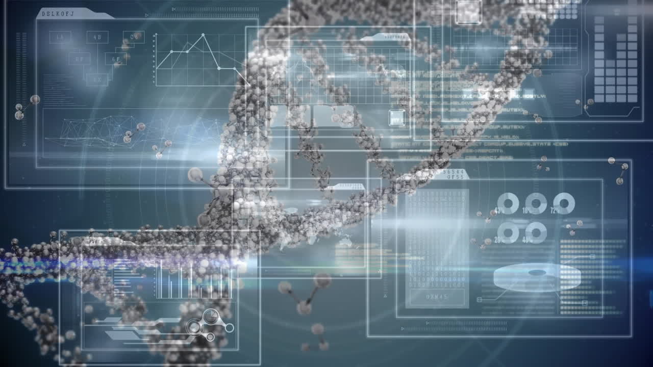 Animation of dna strand over data processing on black background