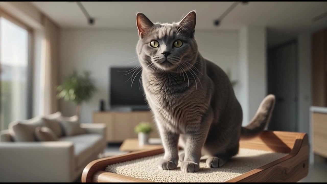 Gato británico de pelo corto gris estirándose en un rascador de madera