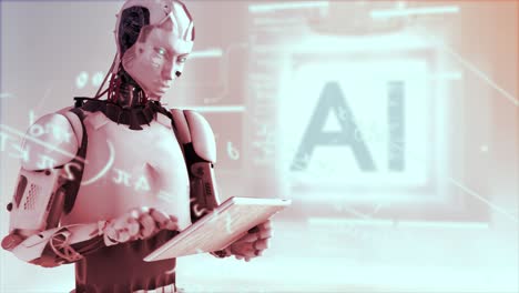 high quality 3d animation of a humanoid ai robot using an ipad style tablet with mathematical equations and scrolling data in the air around him, in hot red color scheme