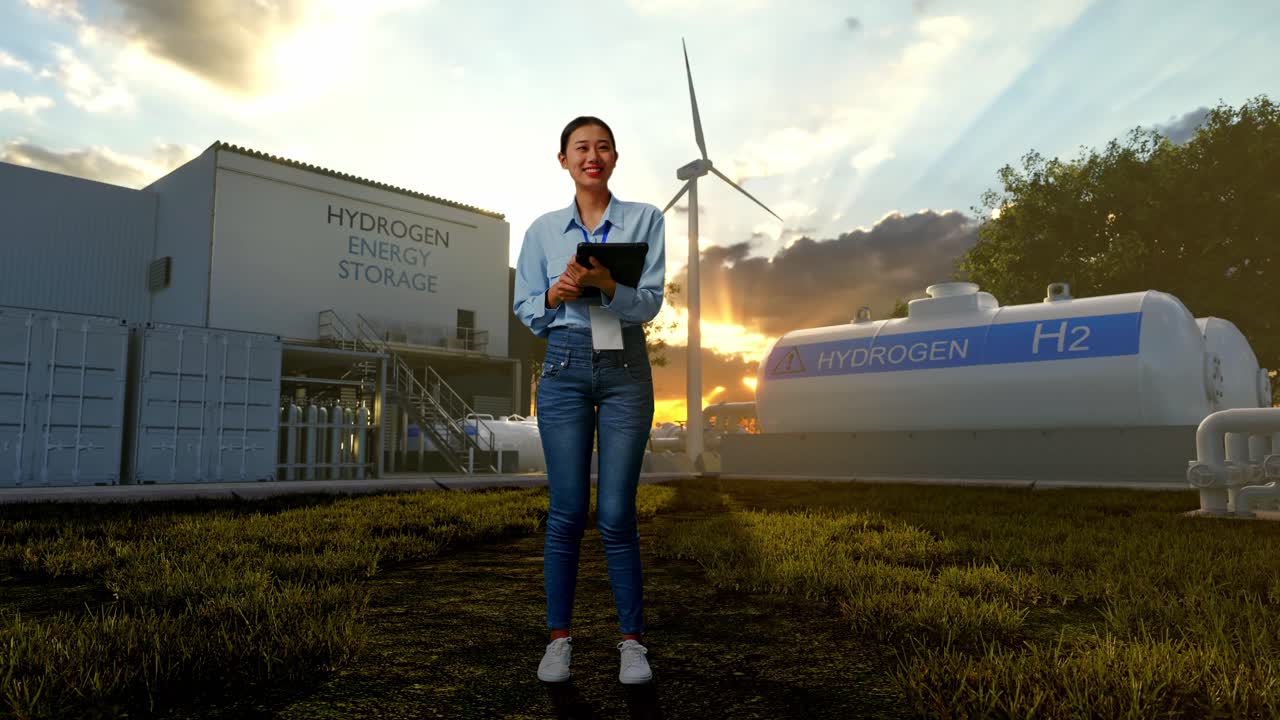 Donna che lavora in un impianto di stoccaggio di energia a idrogeno
