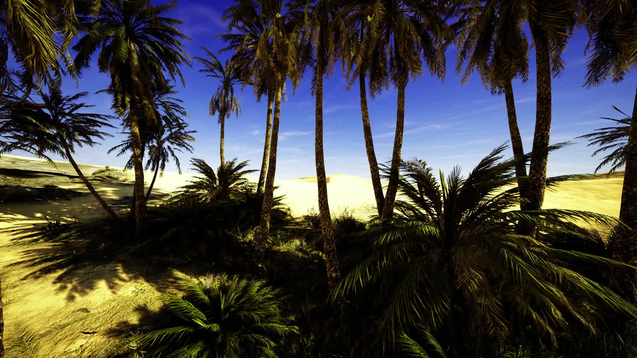 Lush palm trees in a sandy desert landscape under a bright blue sky