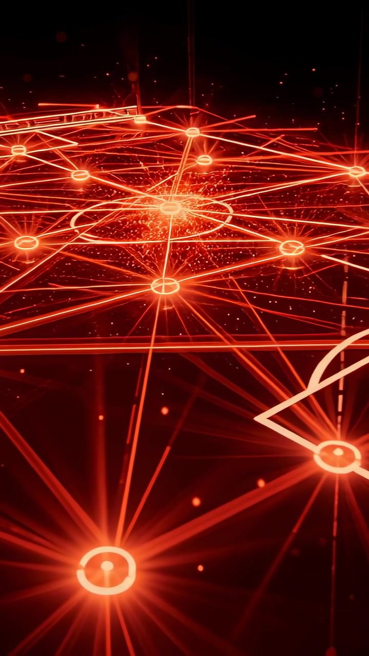 Vertical video: Sweeping camera revealing glowing node grid advancing in void with core sparking