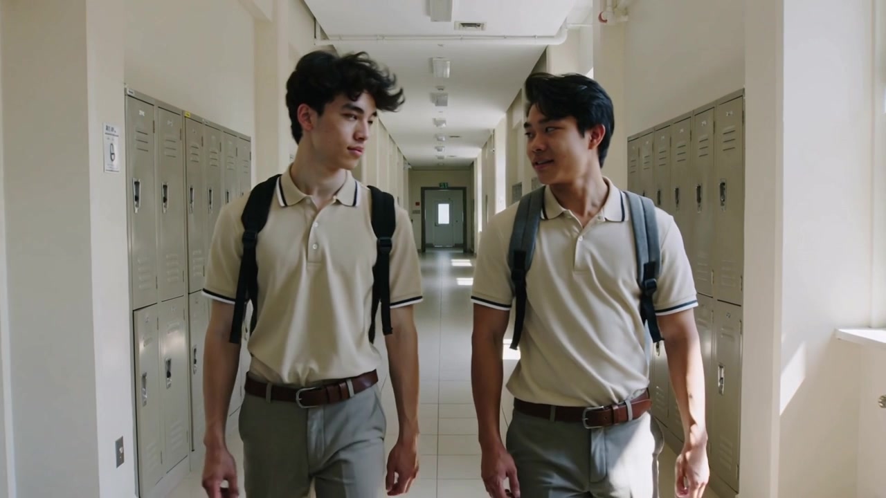 Walking two teens in uniform chatting after class in school corridor passing lockers with backpacks
