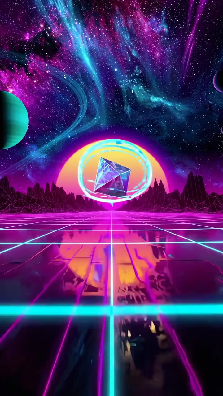 Griglia synthwave vibrante con cristallo rotante e cielo galattico