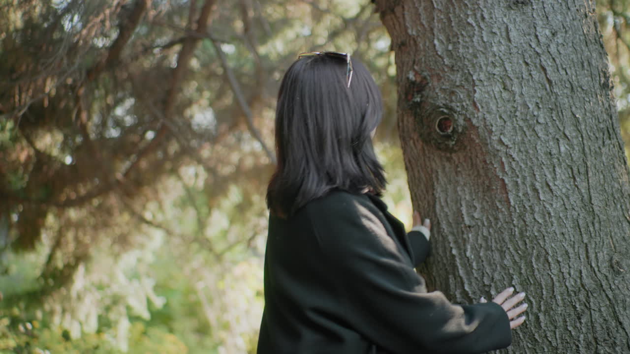 amante del otoño con abrigo largo pasea por el bosque, observa a su alrededor, se detiene para tocar el tronco y las ramas de un árbol, continúa su paseo bajo una luz cálida, ambiente tranquilo al aire libre, momento de exploración pacífico