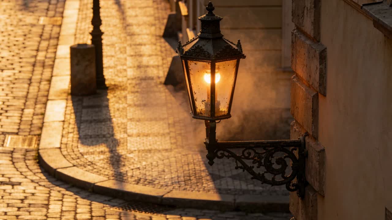 Lanterna a muro che proietta luce calda su una stradina in pietra, il sole che riscalda le pietre, vapore che si alza, spazio per il testo.