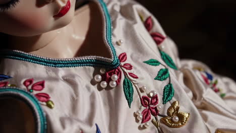 close-up of embroidered fabric with pearl accents