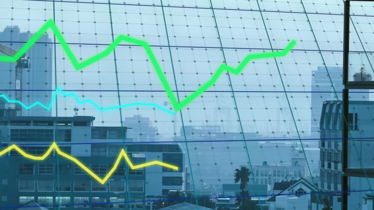 Animated traces drawing over glass, green line entering left peaking dropping to show market trends