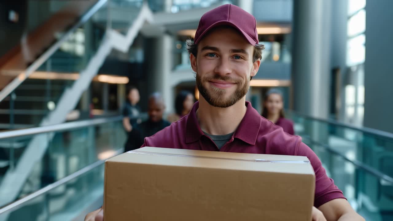 Personale di consegna sorridente mentre trasporta un pacco in un moderno ambiente urbano, circondato da colleghi, dimostrando spirito di squadra e professionalità.