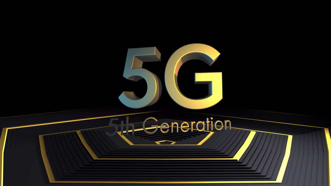 animación de texto de 5g 5a generación sobre patrón dorado en fondo negro
