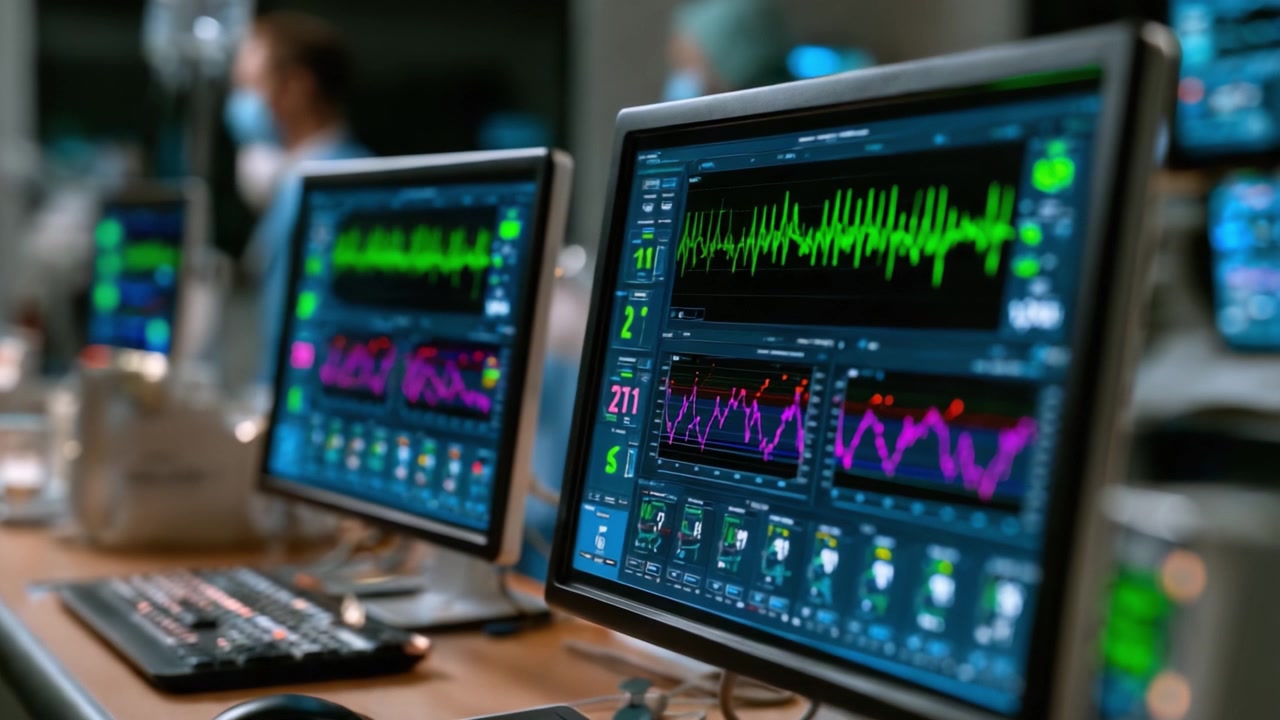 Advanced Medical Monitoring Systems Display Vital Signs and Patient Data in a High-Tech Healthcare Environment