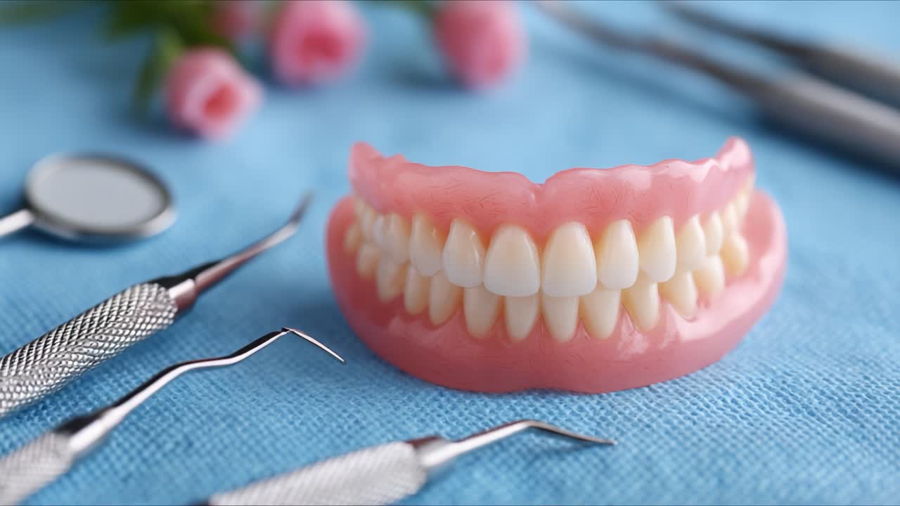 Detailed Examination of Dental Prosthetics: A Closer Look at a Set of Dentures Alongside Essential Dental Tools for Oral Care and Hygiene