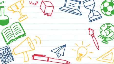animation of multiple school colored pictograms  on a white striped background.