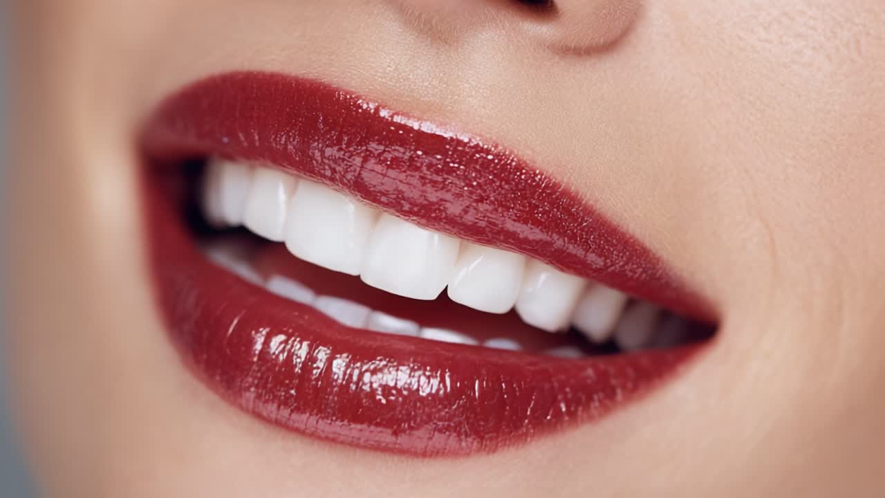 Close-Up of a Beautiful Woman's Glossy Lips Captured in a Stunning Shot, Emphasizing the Vibrant Red Shade and Perfectly Polished Smile with Luscious Texture