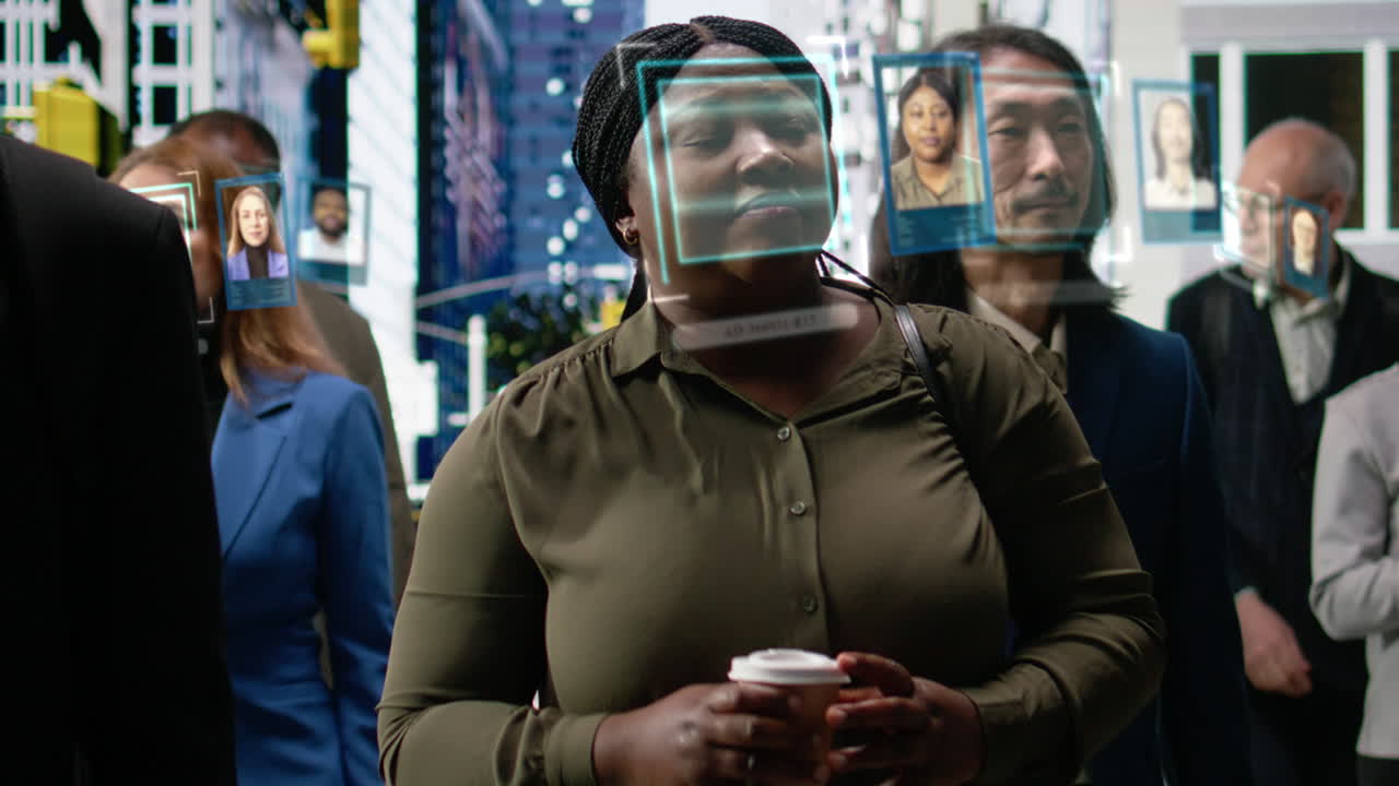 Pedestrians walking in city scanned by facial recognition security cameras