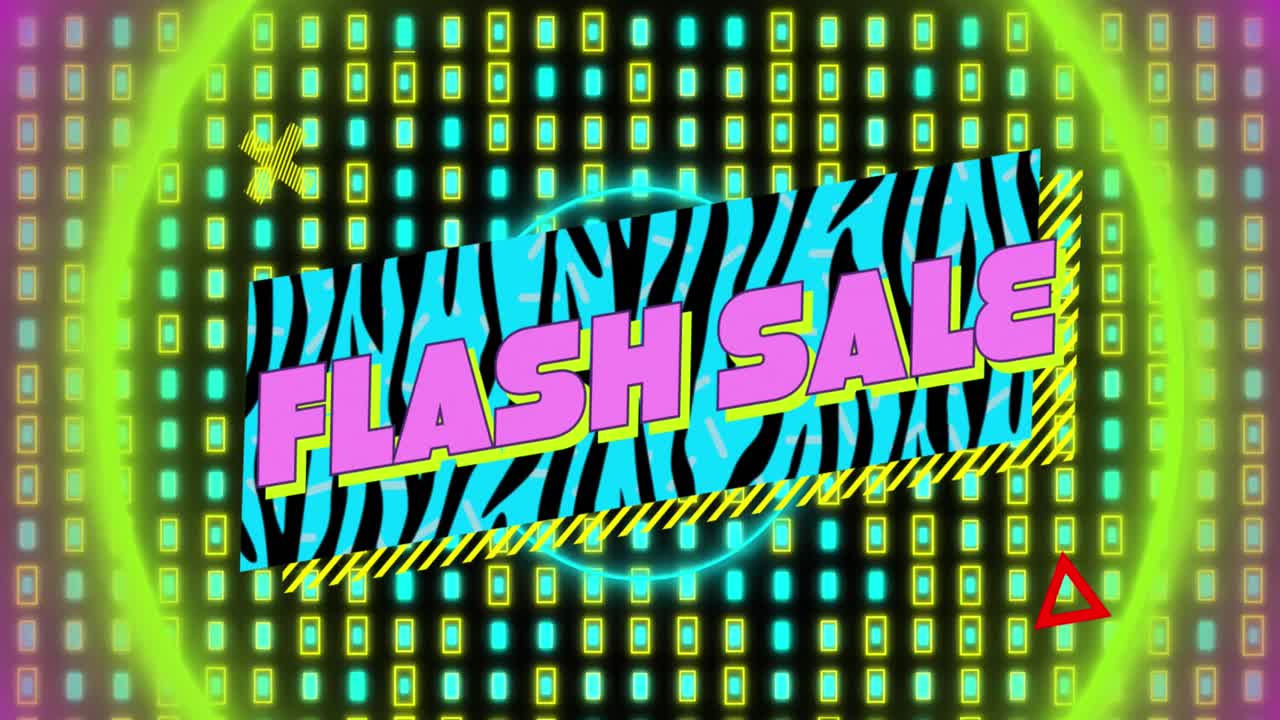 animación del texto de venta flash en la burbuja de habla retro con formas abstractas