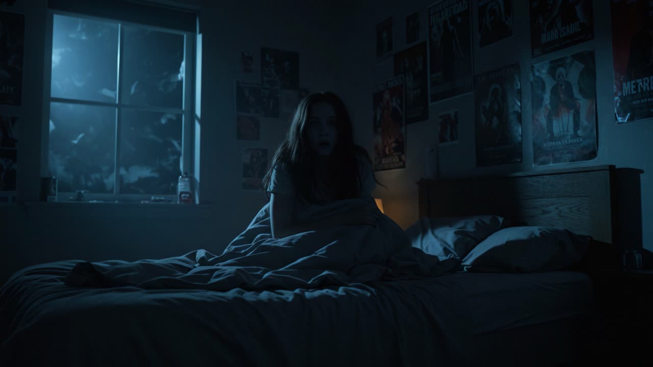A Haunting Night: A Terrified Girl Awaits in Her Dimly Lit Bedroom with Shadows Looming from the Outside, Illustrating Fear and Anticipation Amidst Dark Surroundings