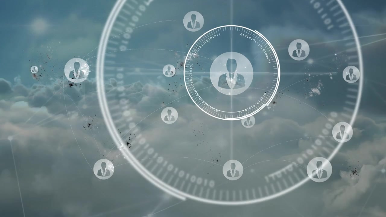 Animation of network of connections with people icons over sky and clouds