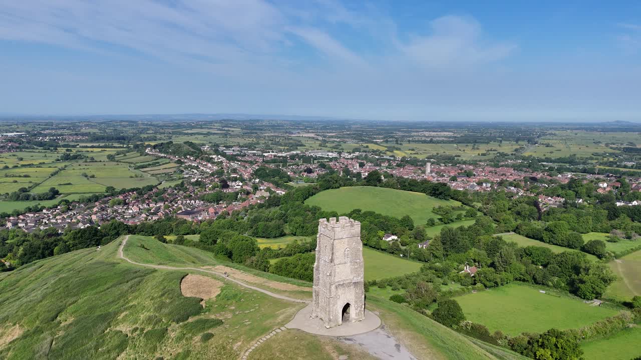 Glastonbury Tor Somerset England Summers day blue sky drone,aerial