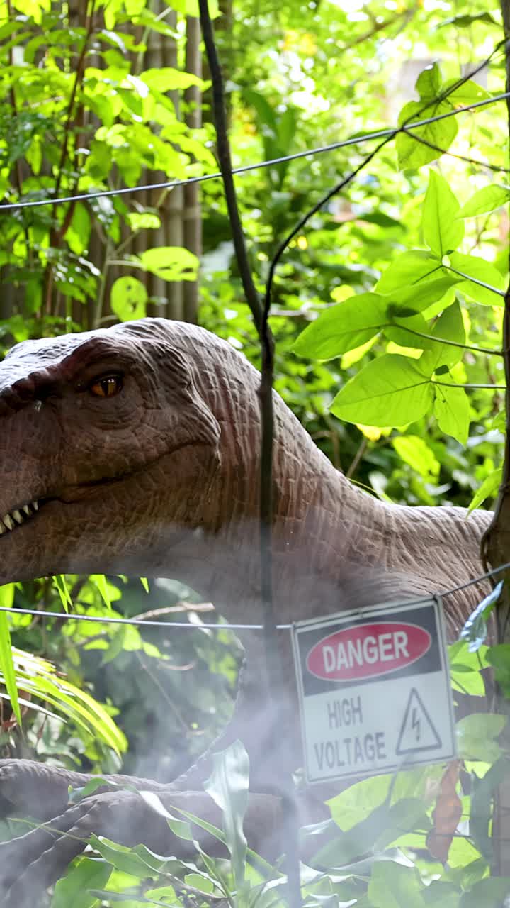 A realistic animatronic velociraptor moves through dense foliage behind a high voltage warning fence, with mist and bright natural daylight enhancing the jungle atmosphere