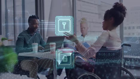 animatie van gegevensverwerking over gehandicapten en diverse zakenmensen in het kantoor