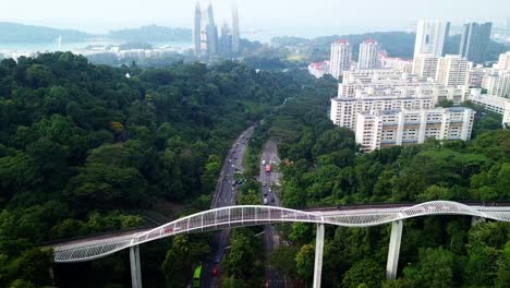 dolly-in pedestal down drone shot of a highway under the henderson waves bridge in singapore