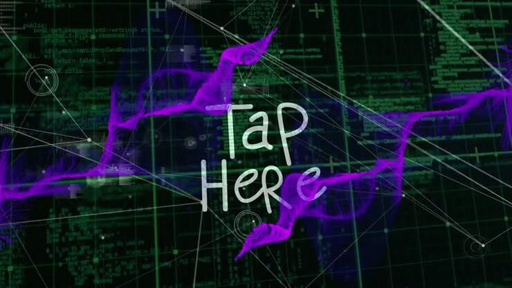 Animation of network of connections over tap here text and data processing