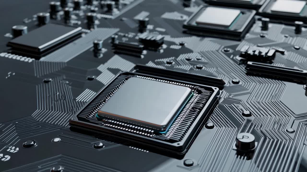 중앙 마이크로프로세서가 있는 회로판의 클로즈업 뷰