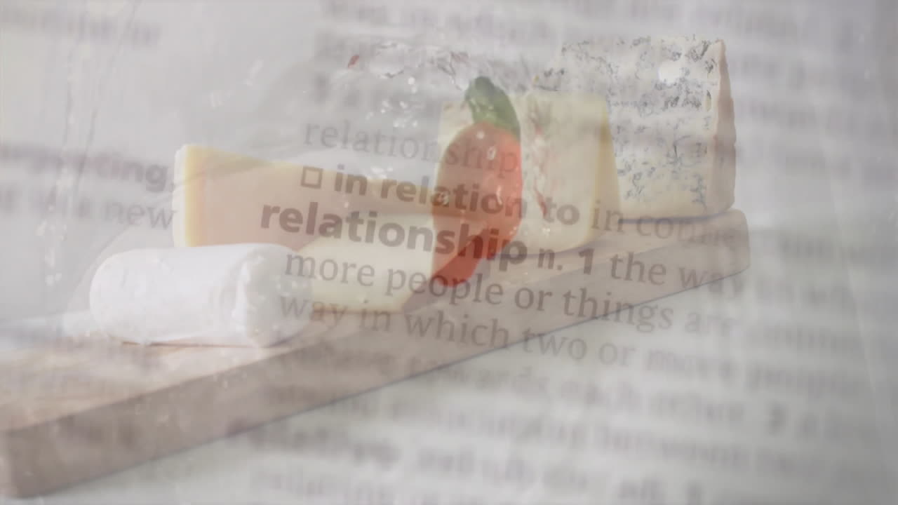 Cheese assortment and strawberry with animation over text about relationships