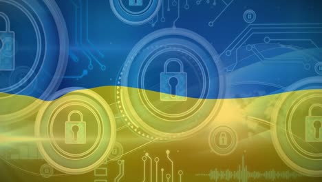 Animation-of-integrated-circuits-and-padlocks-over-flag-of-ukraine