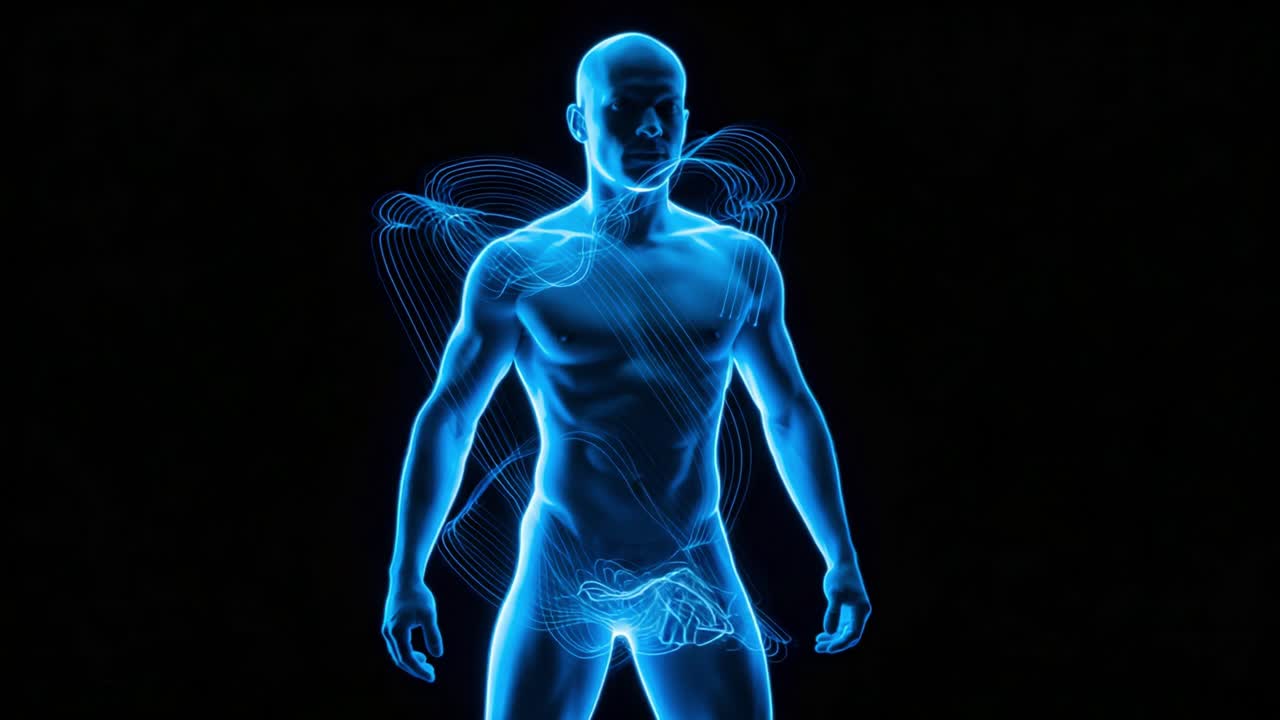 A Digital Representation of the Human Body Highlighting Energy Flow and Form Through a Stunning Blue Light Visualization