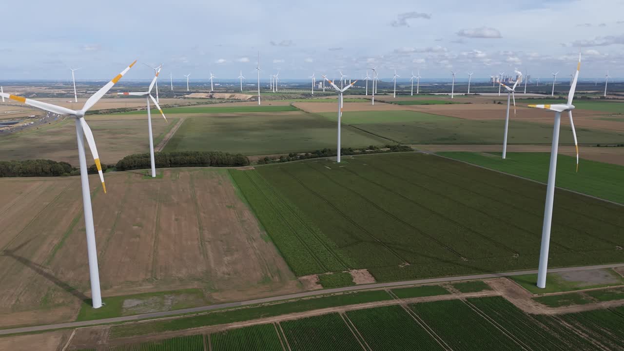 Huge wind farm generating renewable electric energy at Windpark Bedburg, Germany, Europe
