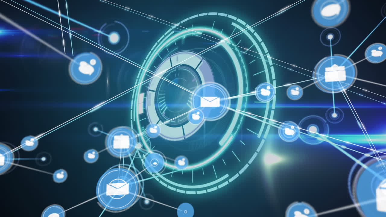 파란색 배경에 대한 둥근 스캐너와 빛 트레일 위의 디지털 아이콘 네트워크의 애니메이션