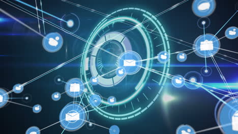 animation of network of digital icons over round scanner and light trails against blue background