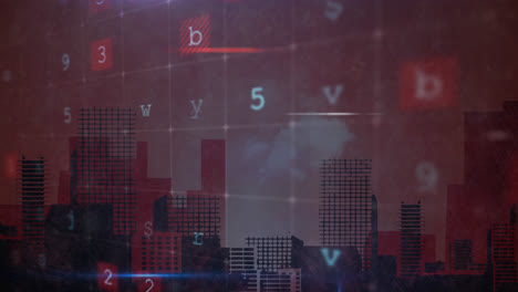 Animation-of-cyber-attack-warning-over-cityscape-on-red-background