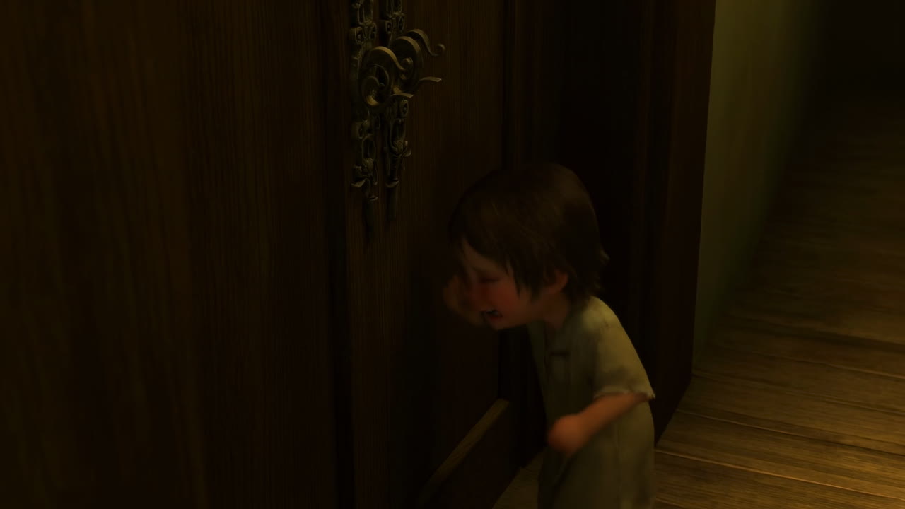 Distressed Animated Child Crying Alone by a Dark Wooden Door