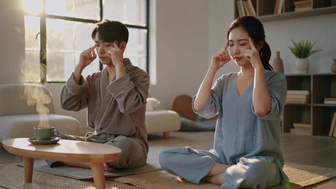 คู่รักกำลังนวดตาในห้องนั่งเล่นที่มีแสงแดดส่องถึง แสงแดดเริ่มต้นกิจวัตร แก้วกาแฟร้อน เสื้อคลุมสีเทาอมฟ้า