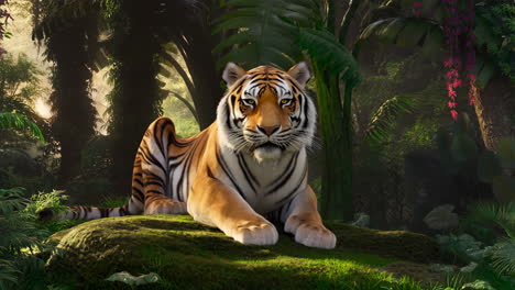 a tiger resting in a lush jungle