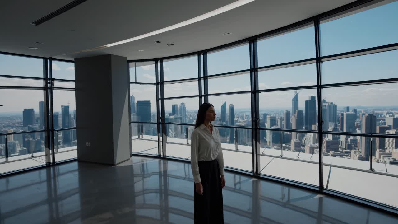Businesswoman is standing in a modern office with large windows, enjoying the breathtaking view of the cityscape, feeling a sense of accomplishment and contemplating future opportunities