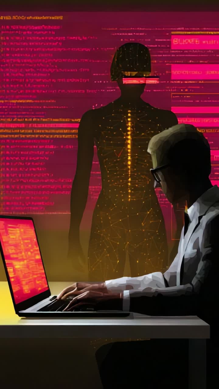 Digital Transformation: A Cyber Specialist Analyzing 3D Human Models with Advanced Data Visualization in a High-Tech Environment