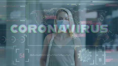 animation of medical data processing over caucasian woman in face mask