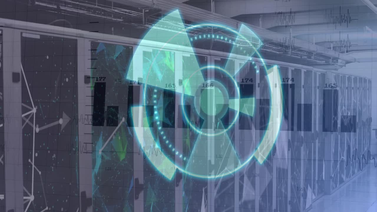 animación del escaneo del alcance con procesamiento de datos sobre la sala del servidor