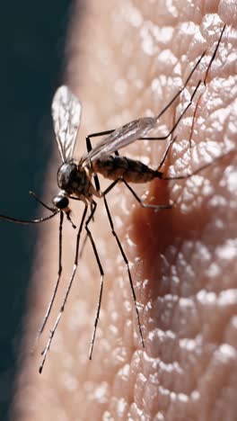 close-up video shot of a mosquito on human skin, capturing intricate details and textures