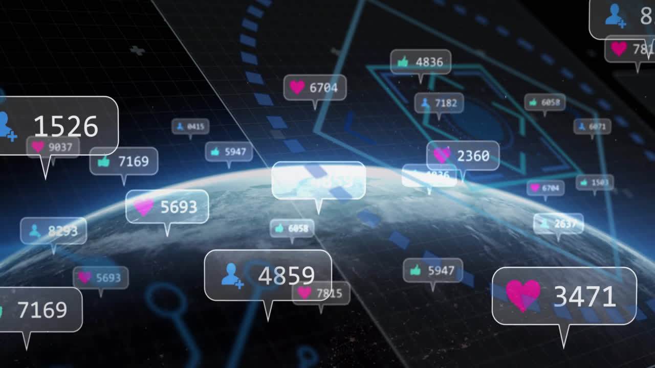 Social media notifications and interactions animation over view of Earth from space