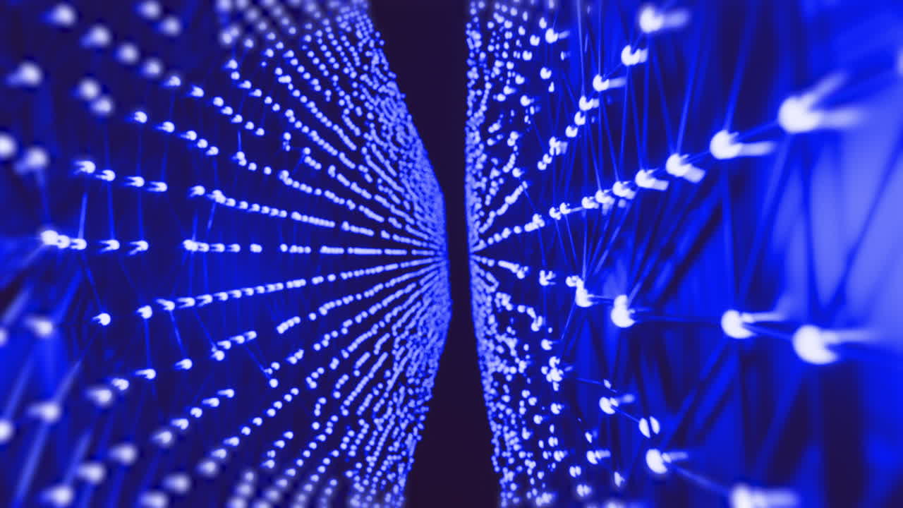 Animation of glowing blue mesh of light trails moving on black background