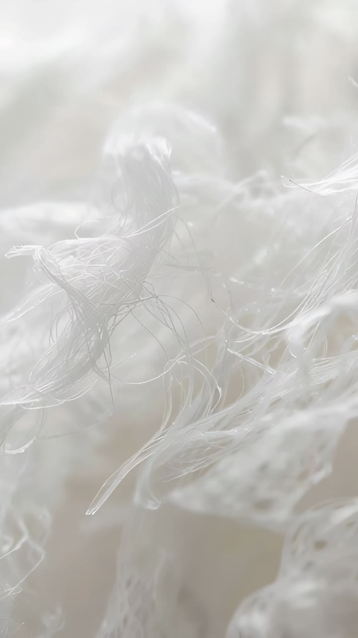 Vertical video: Shifting focus showing white fibers drifting, rotating on cream surface, loose lint