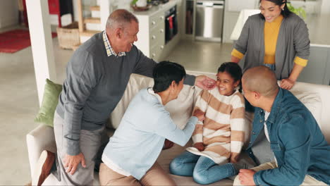 family, bonding and home on living room sofa