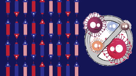 animation of prohibition sign with virus cells and fireworks coloured with usa flag